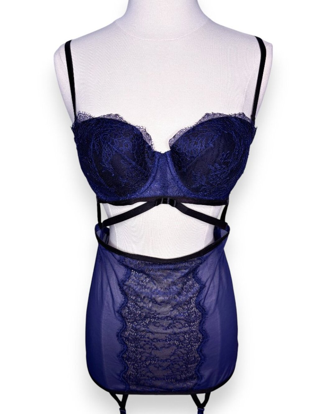 Victoria's Secret Blue Mesh Lace Black Strappy Cutout Lingerie Size 36B